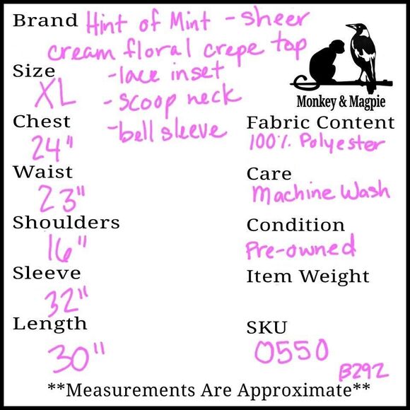 Hint of Mint Cream Blue Orange Floral Print Bell Sleeve Sheer Lace Insets XL - Picture 9 of 9